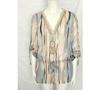 MELISSA PAIGE Women's V-Neck Blouse Top Beaded Embellished Watercolor Size S/P